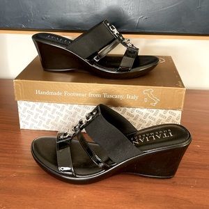 Italian shoemaker black wedge sandals with silver details size 7.5